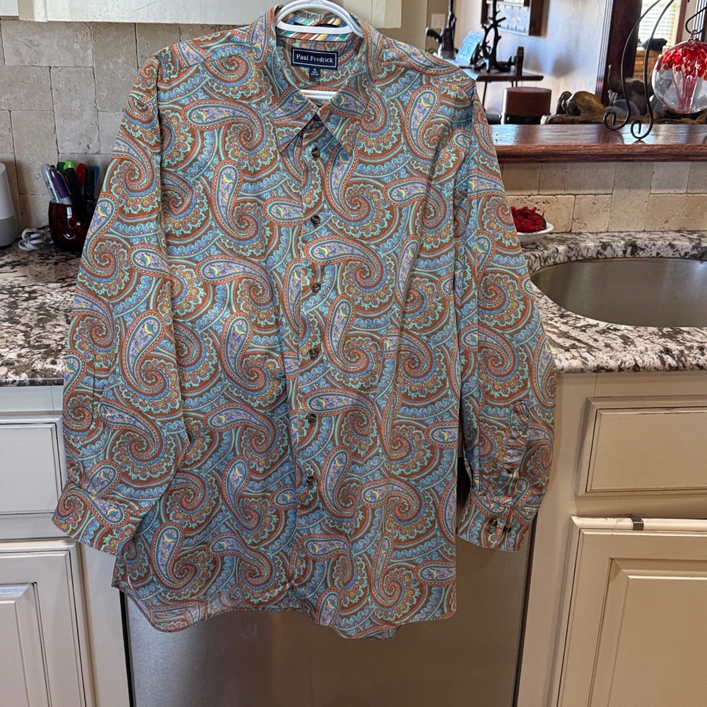Paul Fredrick 100% Cotton Paisley Shirt in Soft Blue and Orange. LVery Good Cond - Picture 5 of 10